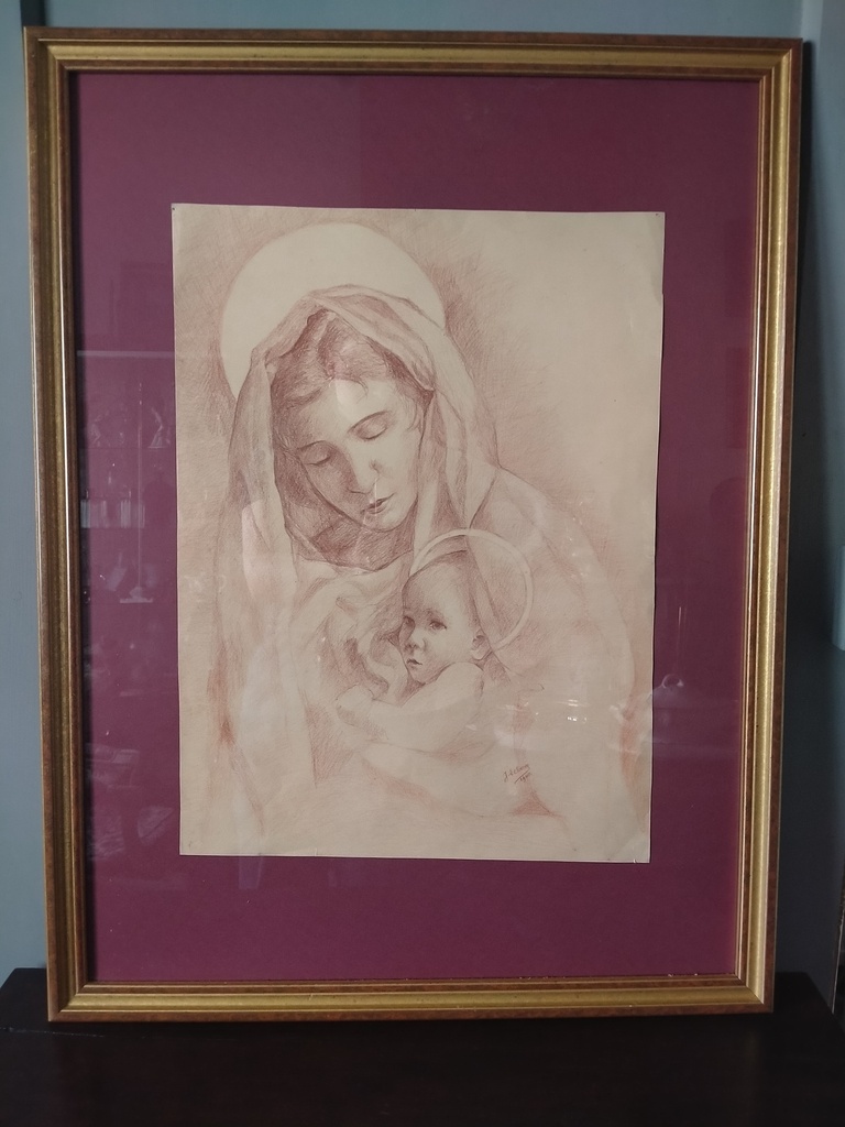 Sanguine représentant la Vierge à l'enfant signée Lebon 1940