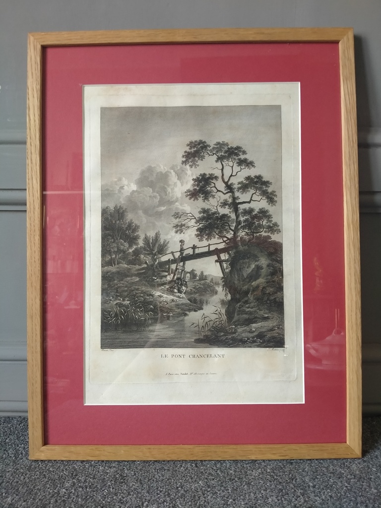 Gravure "Le Pont Chancelant", J. Winants et J. Mathieu, fin XVIIIe - début XIXe siècle