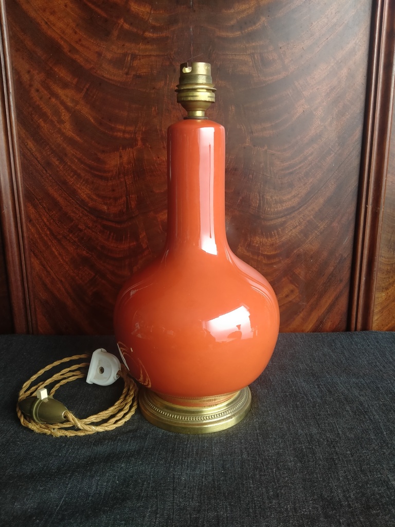 Lampe en céramique orange et base en bronze année 60