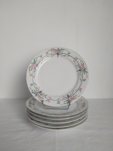 [A036] Ensemble de 6 assiettes en porcelaine, décor main de bouquets de fleurs