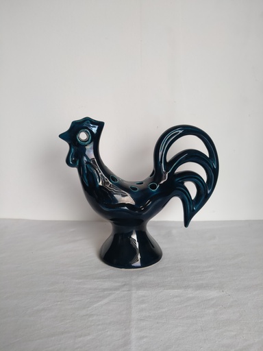 [A035] Coq pique fleurs en céramique émaillé bleu, signé Le Potier Menton, XXe siècle