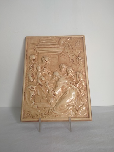 [A113/2] L'Adoration des Mages, plaque en céramique en bas relief, d'après le modèle de Carlo Maratta, production Belge