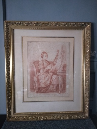 [A126] Gravure à la sanguine, "La musicienne", Jean-Baptiste Le Prince, Gilles Demarteau, XVIIIe siècle