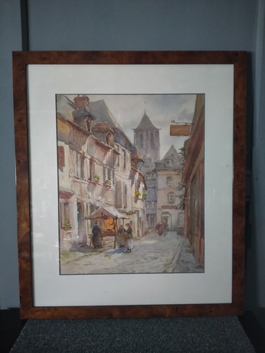 [A136/4] Aquarelle signé Pierre Vinit représentant une vue de ville en Bretagne, 1ere moitié XXe siècle