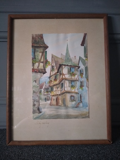 [A123] Aquarelle, vue de "Kaysersberg" (ville d'Alsace)