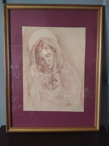 [A001] Sanguine représentant la Vierge à l'enfant signée Lebon 1940